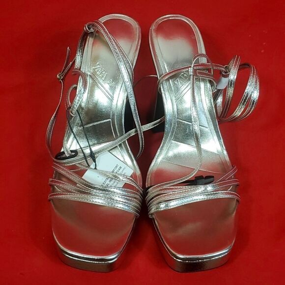NEW ZARA Block Heel Metallic Sandals Womens Size 7.5 38‎ Prom Wedding Homecoming - Picture 3 of 7